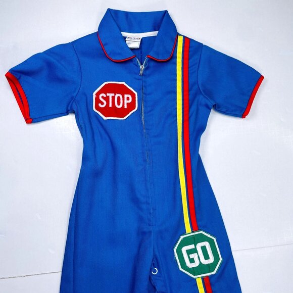 Vintage Montgomery Ward Color Block STOP GO Mechanic Longalls Romper Outfit 18m - Picture 4 of 13